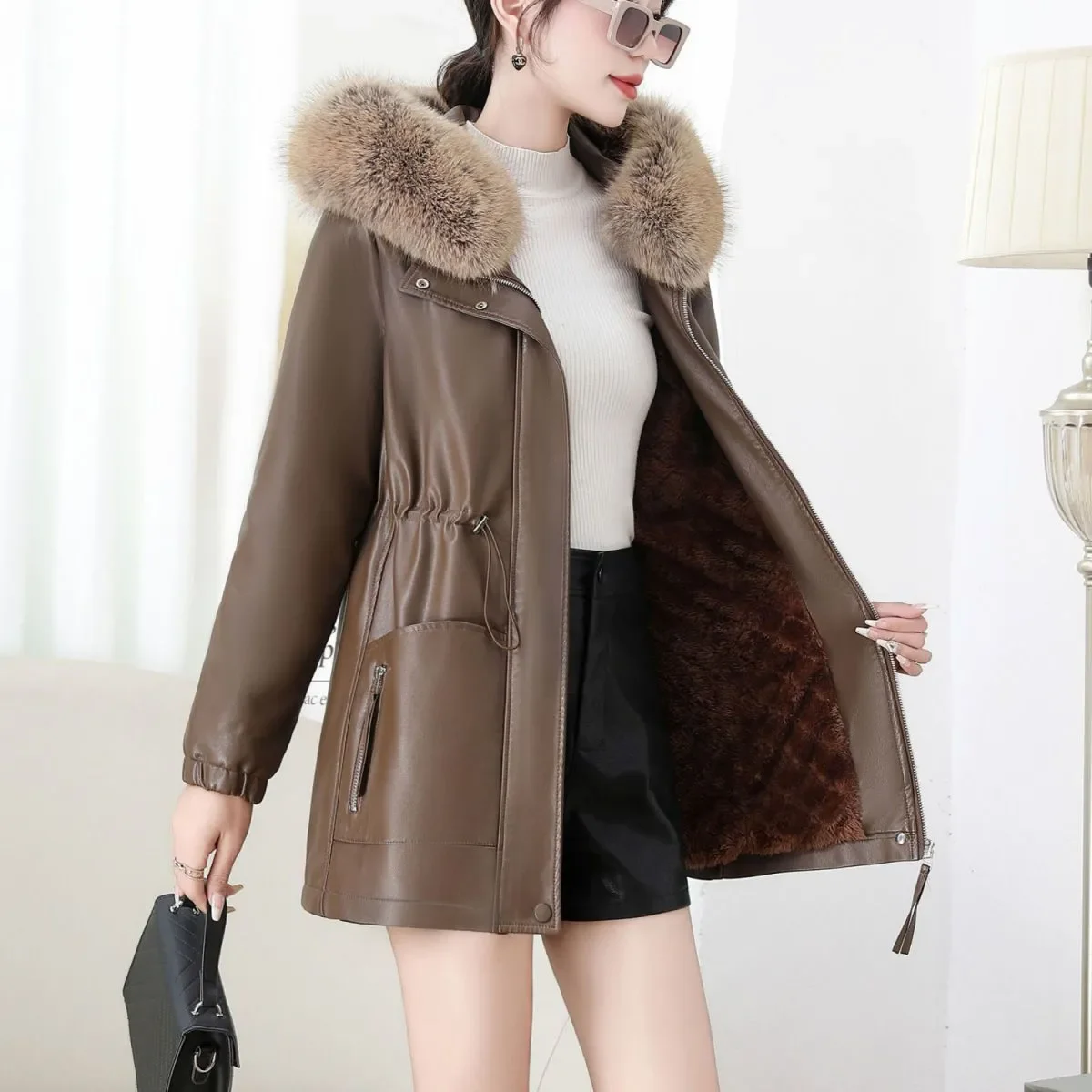 Faux Leather Parka Coat Women Faux Fur Collar Drawstring Waist Mid‑Length Warm Thick Winter Jacket Windproof Casual Outerwear