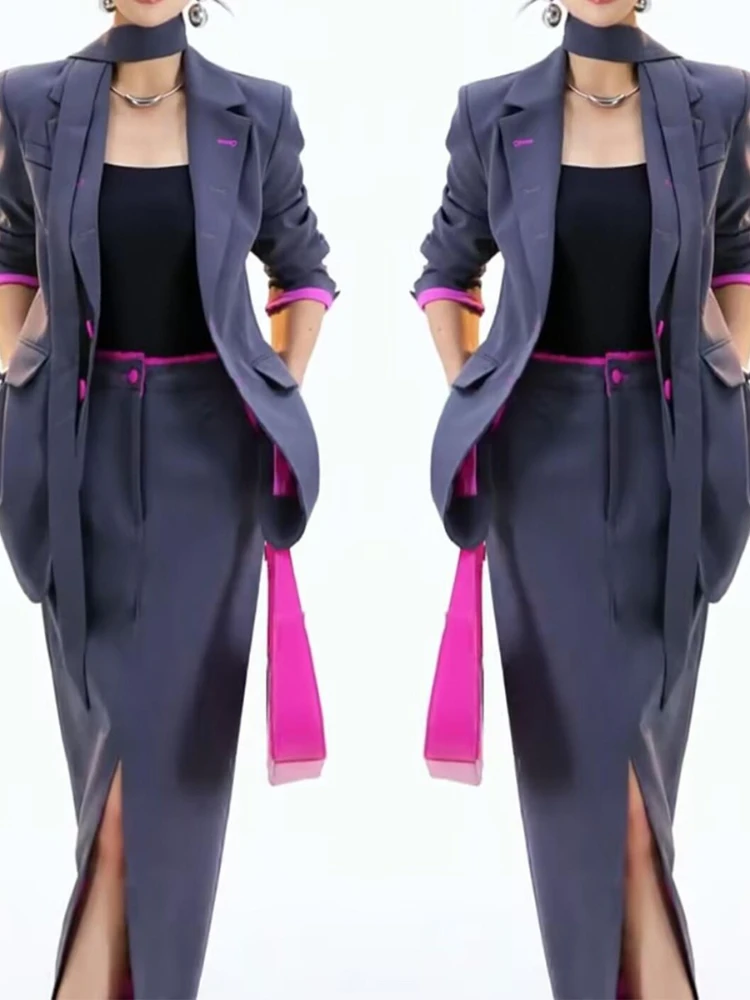 

Autumn new fashion commute set for women loose and slimming versatile suit jacket+high waisted half skirt two-piece set