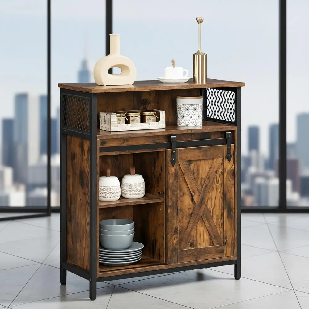 

Rustic Brown Coffee Bar Buffet Cabinet with Sliding Barn Door, Adjustable Shelves for Living Room, 11.8 x 27.6 x 31.5 Inches