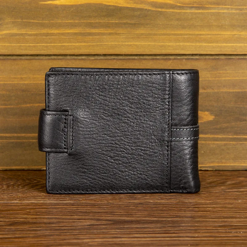 YH7004 Real Leather Multifunctional Short Wallet Men's Top Layer Cowhide Urban Simple Buckle Horizontal Lychee Pattern Wallet