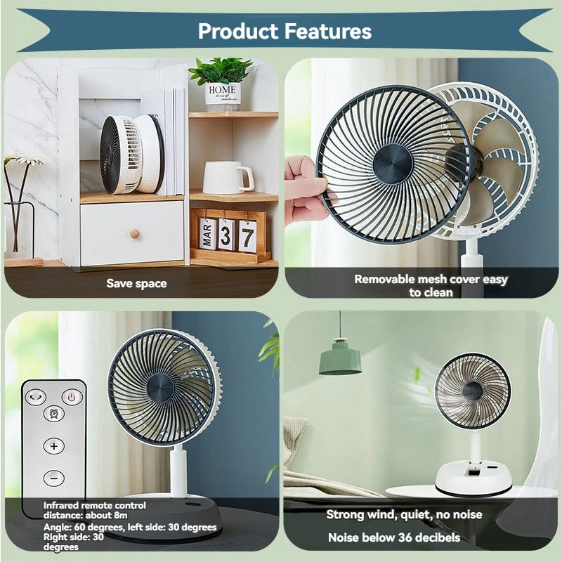 Ventilador retrátil para fácil armazenamento, cabeça de agitação ao ar livre, ventilador de controle remoto, mesa de carregamento e ventilador silencioso de dupla finalidade de chão,