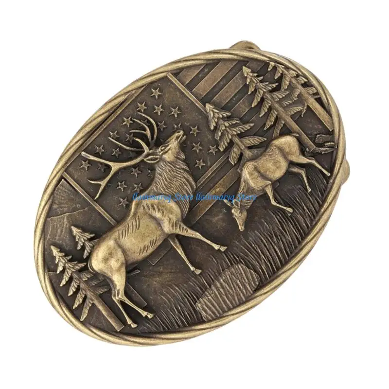 573B Double Deer Metal Belt Buckle With Geometric Engraving For Men Women