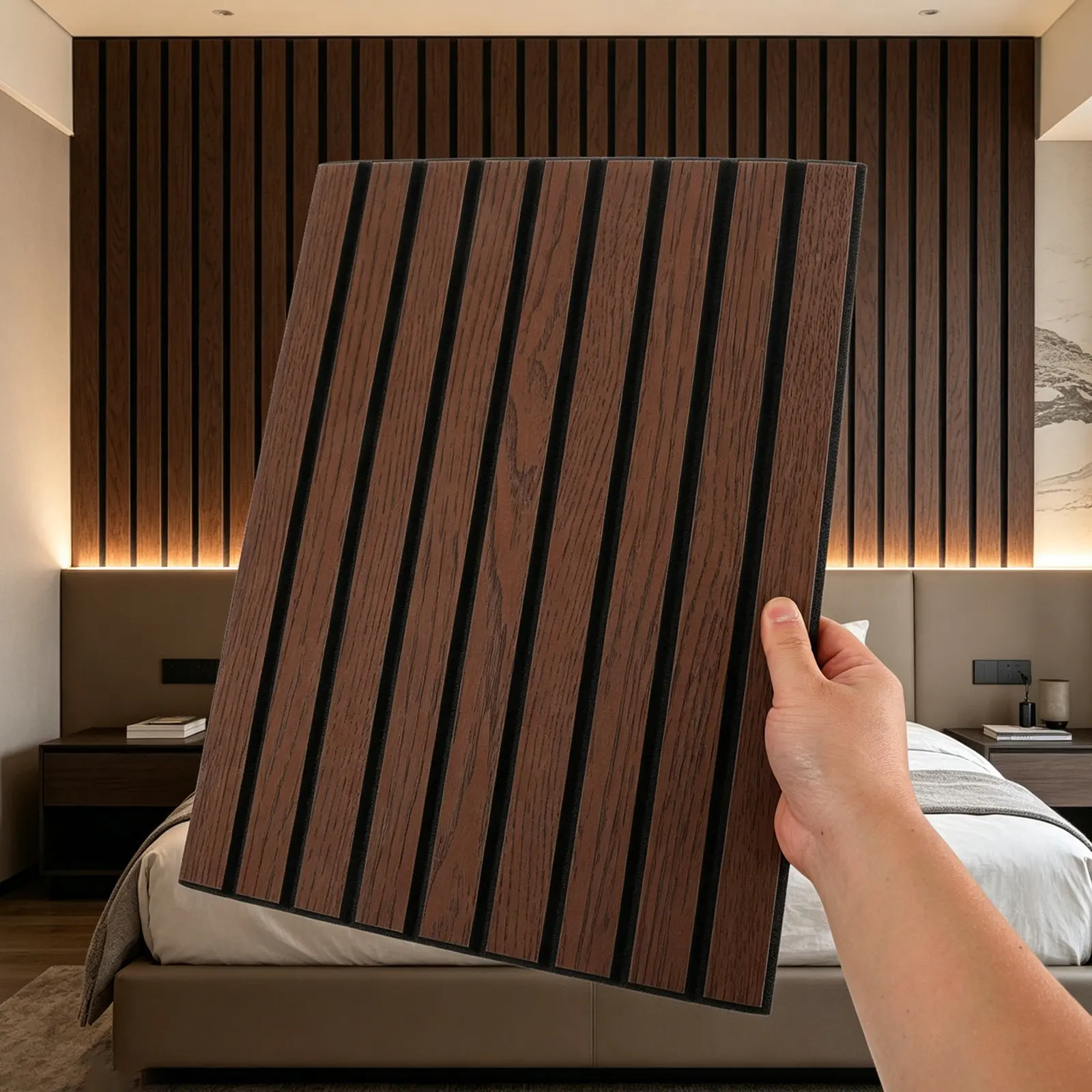 4Pcs Soundproof Acoustic Panels Peel Stick Walnut Slat Wall Panels Easy Install Bedroom Living Room Noise Reduction Decorative