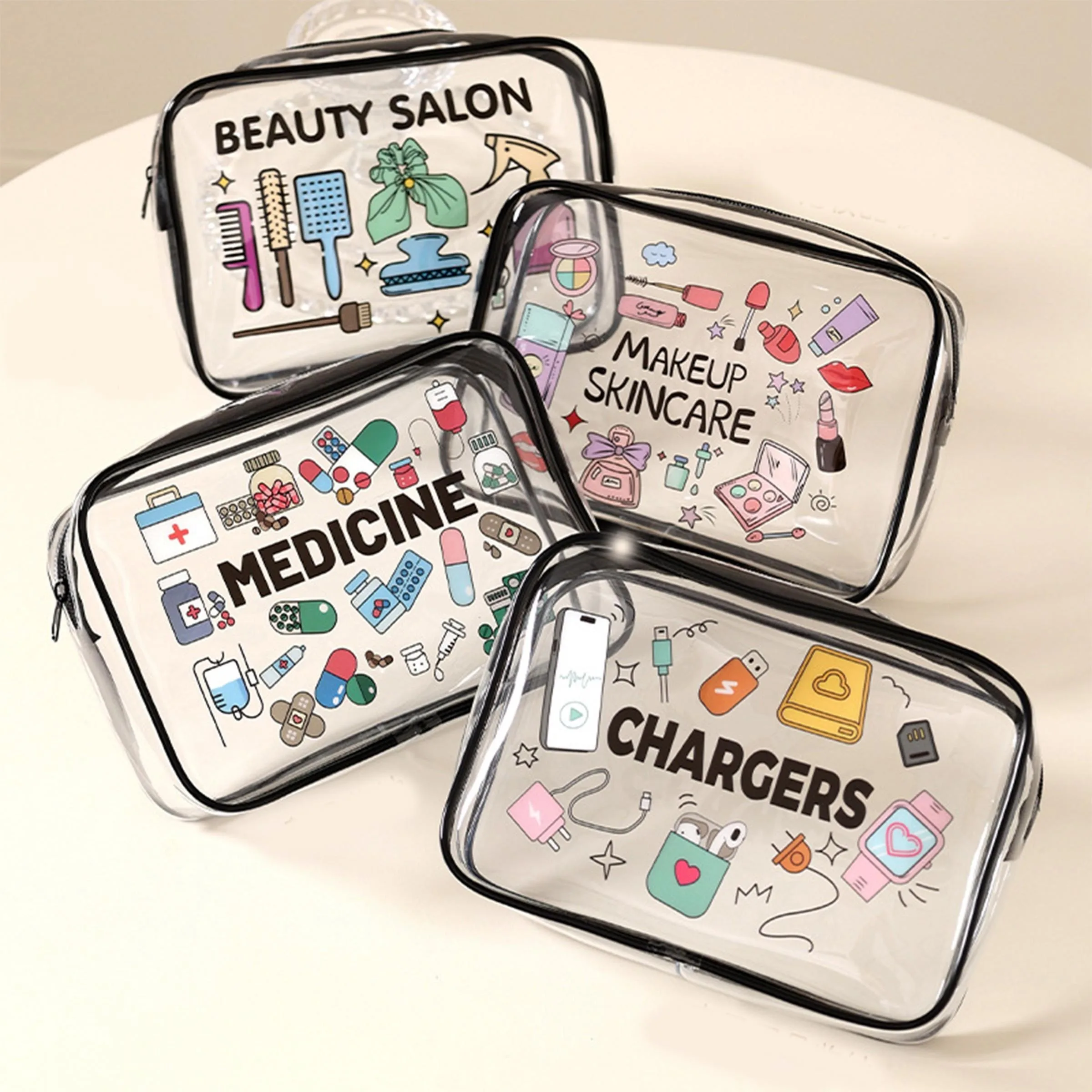 Airport Friendly Clear Transparent PVC Travel Bag, Waterproof Cartoon Letter Print Spacious Zipper Organizer Pouch, Multi-Purpose Portable Storage Case for Electronic Cables, Medicine, Makeup Toiletries for Vacation & Daily Outdoor Carry