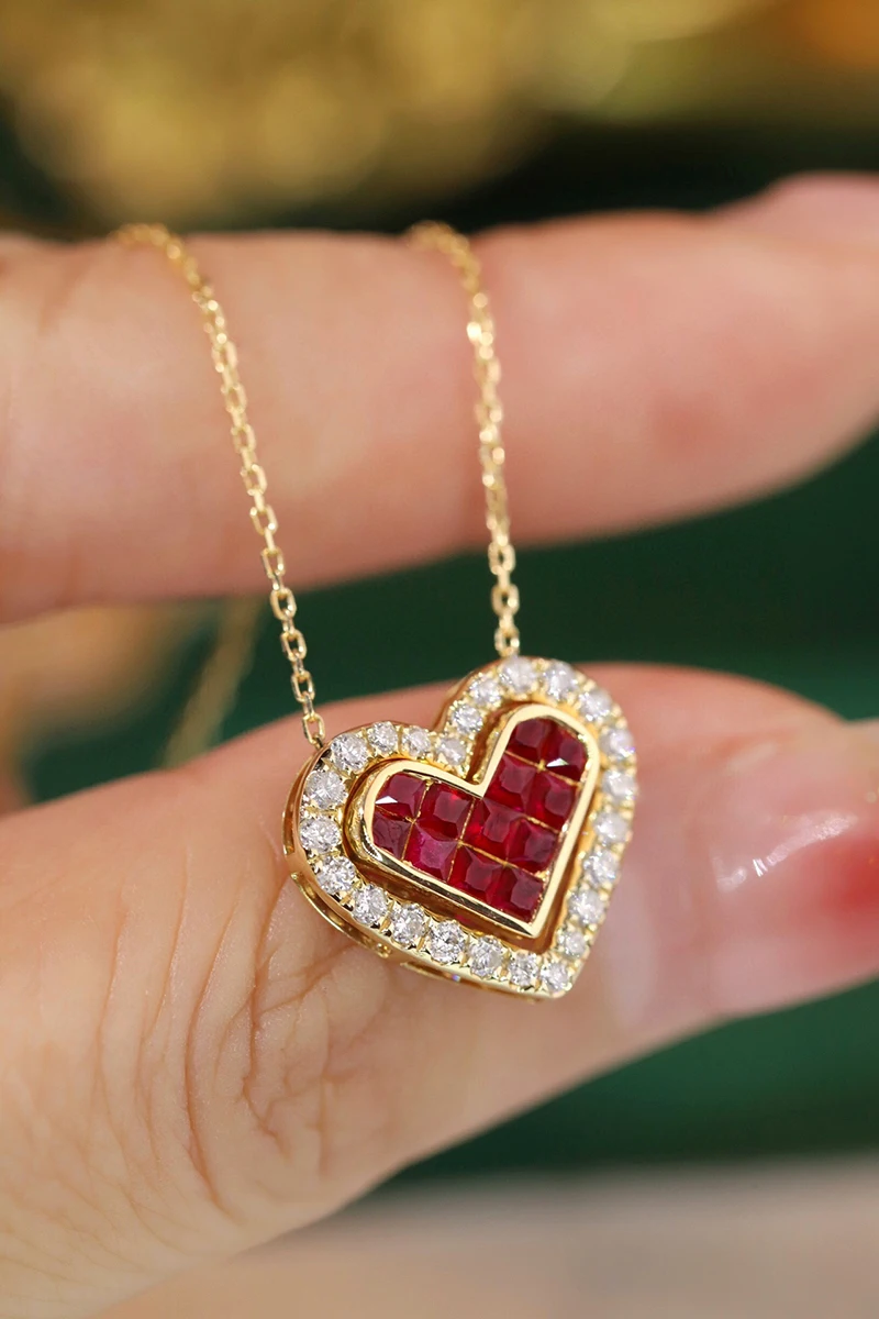 KUGG 100% 18K Yellow Gold Necklace Luxury Diamond Natural Ruby Pendant Necklace for Women Romantic Heart Design Wedding Jewelry