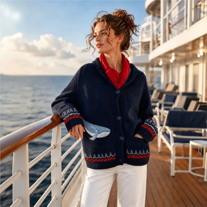 Women's Sweater Casual Knit Lapel Printed Ribbed Patchwork Full Sleeve Cardigan Female 2026 New Spring Woman Clothes Knitwear