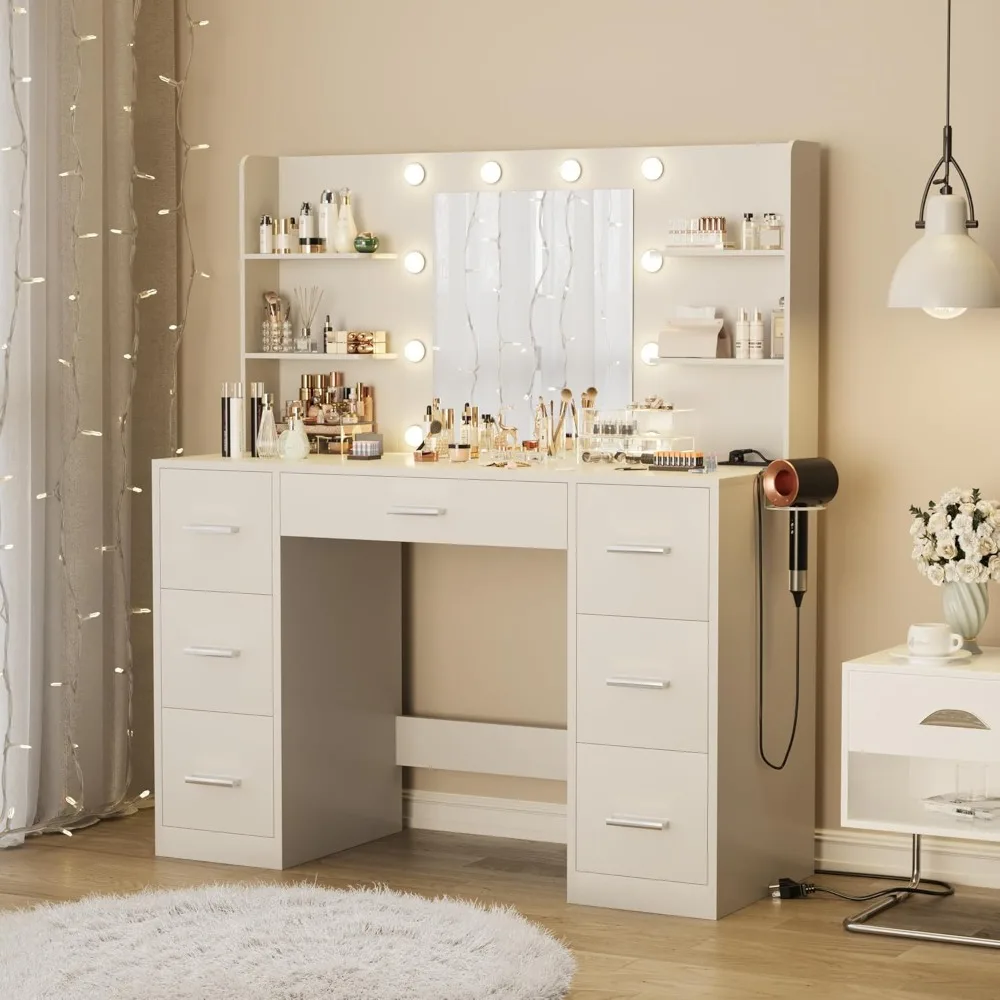 Dressing Table with Mirror, LED Light and Power Socket, Dressing Table with 7 Drawers and 6 Storage Shelves