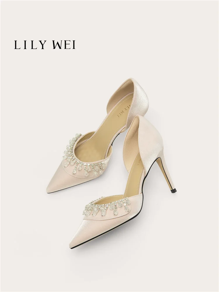 

Summer pointed-toe satin rhinestone stiletto heels banquet sandals large size small size widened version high-heeled women shoes