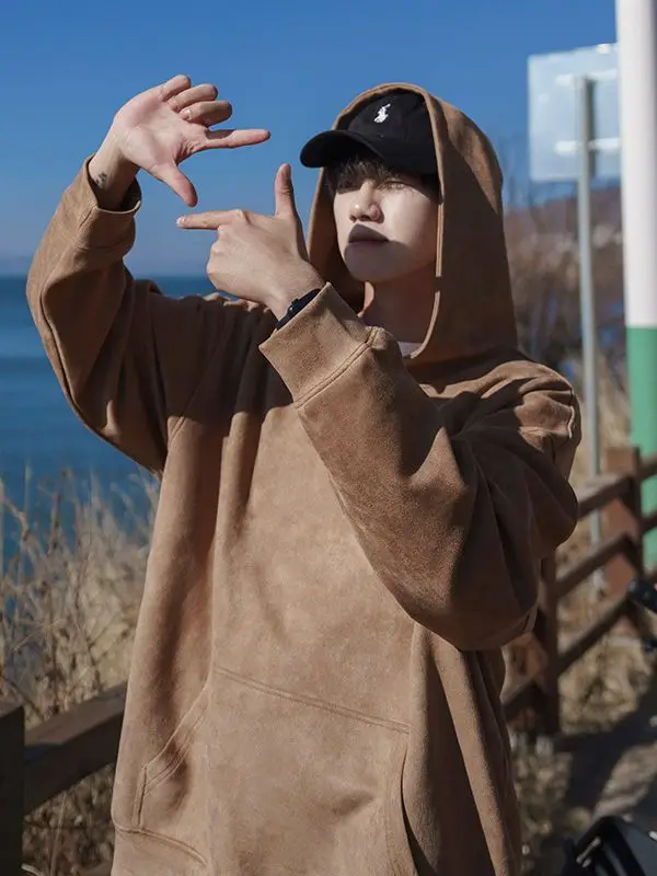 Suede Hoodie Men's Casual Sports Shirt Sanding Sweatshirts with Pockets Hooded Pullover Men Tracksuit Hip Hop Streetwear
