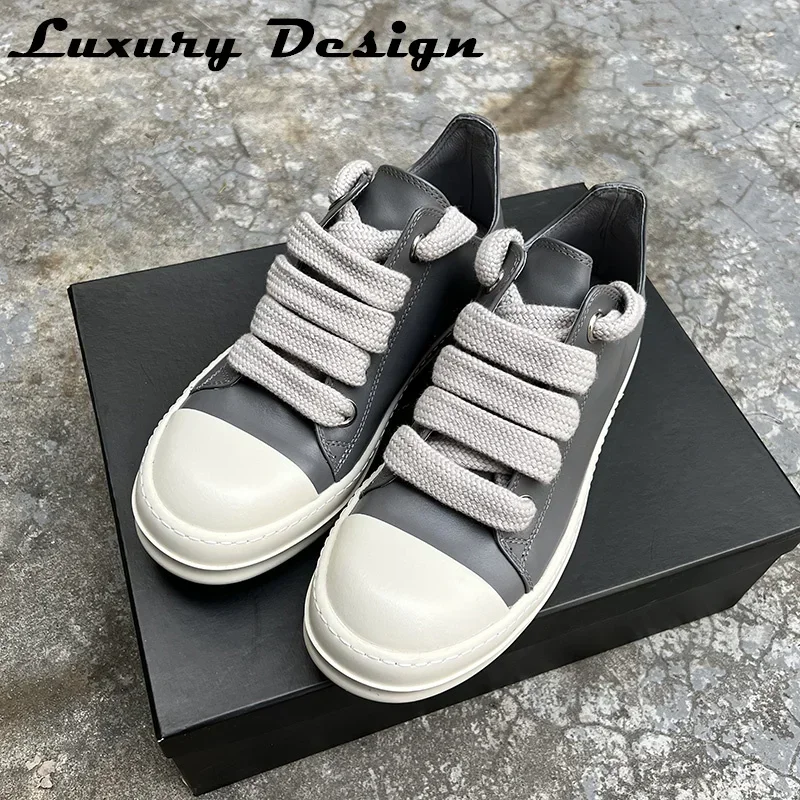 Popular Rock Gray Casual Shoes Men 2022 Low Top Pink Genuine Leather Ro Big Jumbo Lace Up Thick Sole Women Luxury Black Sneakers