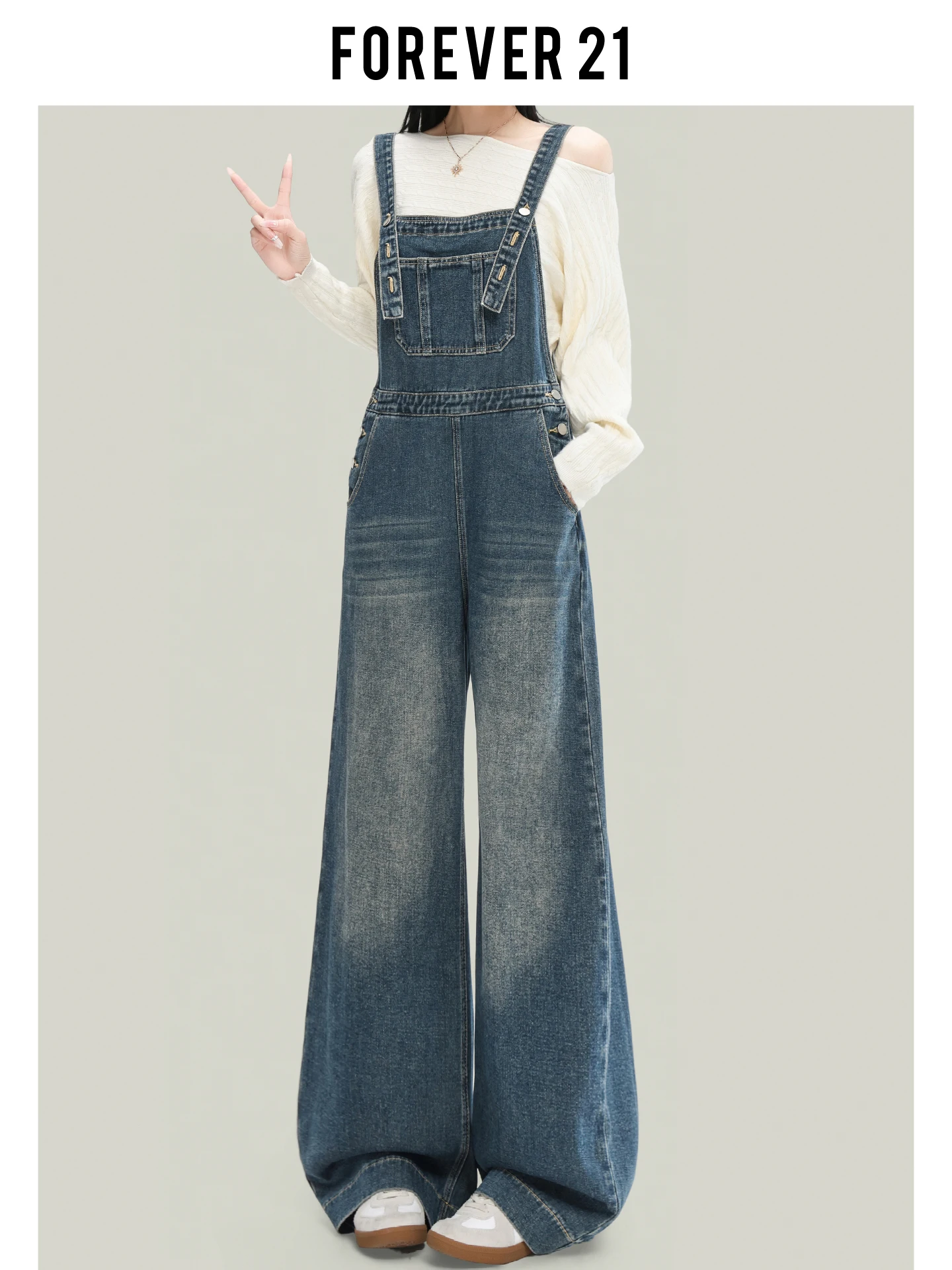 

Американские ретро-комбинезоны из денима для женщин: свободный крой, высокая талия, широкие штанины, струящийся силуэт. Синие джинсовые комбинезоны Forever 2. Повседневная одежда.