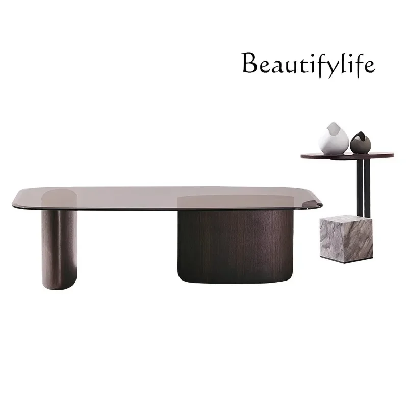 

FG52Combinazione di tavolini da caffè italiani minimalisti in vetro temperato di fascia alta in legno di frassino moderno e semp