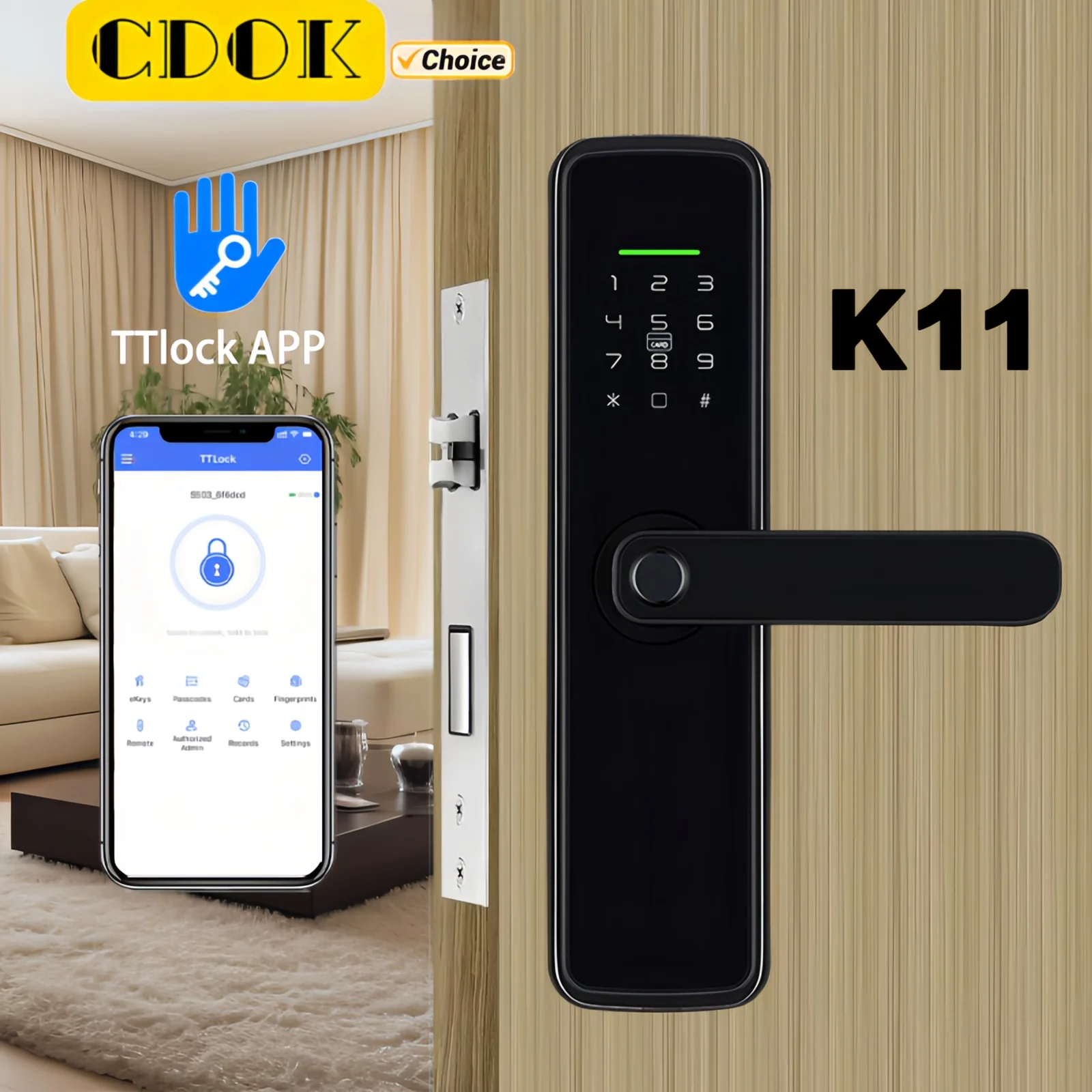 CDOK New K11 TTlock Bluetooth Apartment Bedroom Door Lock, Biometric Unlock, Multi-function