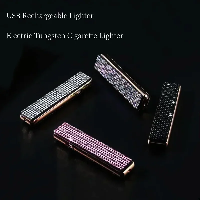 Ultra thin diamond embedded USB lighter metal windproof rechargeable tungsten lighter cigarette accessories for women\'s gift