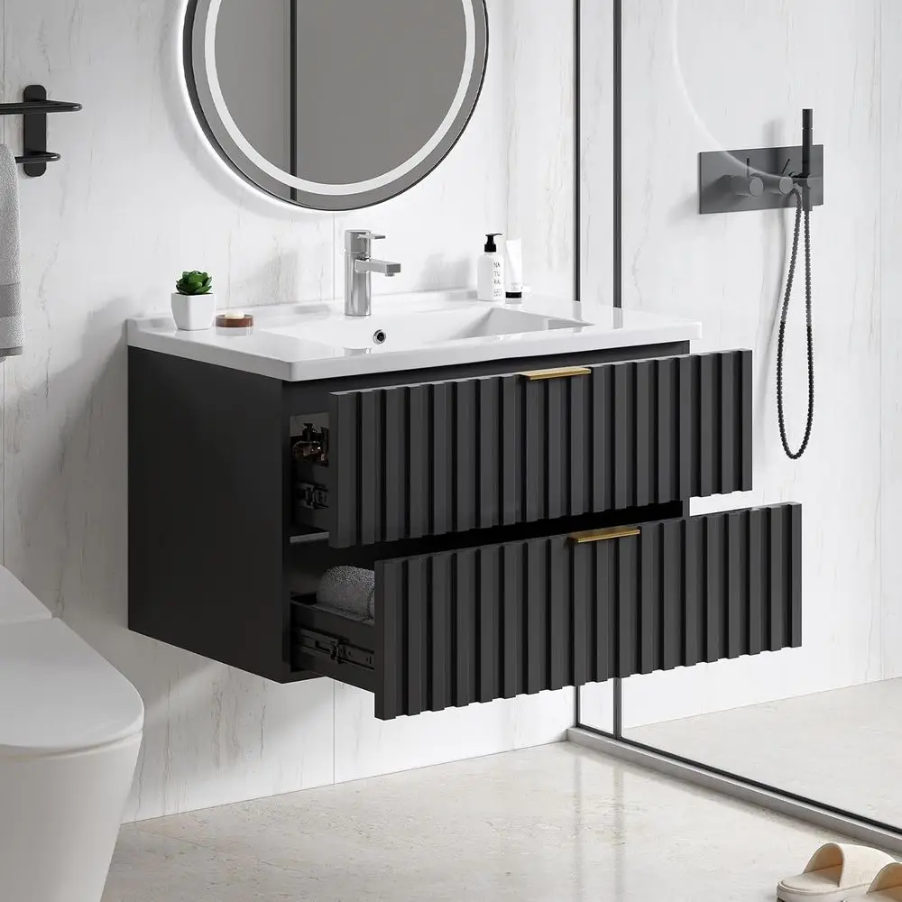 

Bathroom Vanity with Sink Combo, Floating Vanity with 2 Fluted Drawers & Metal Handle, Modern Wall Mount Storage Cabinet with Ce