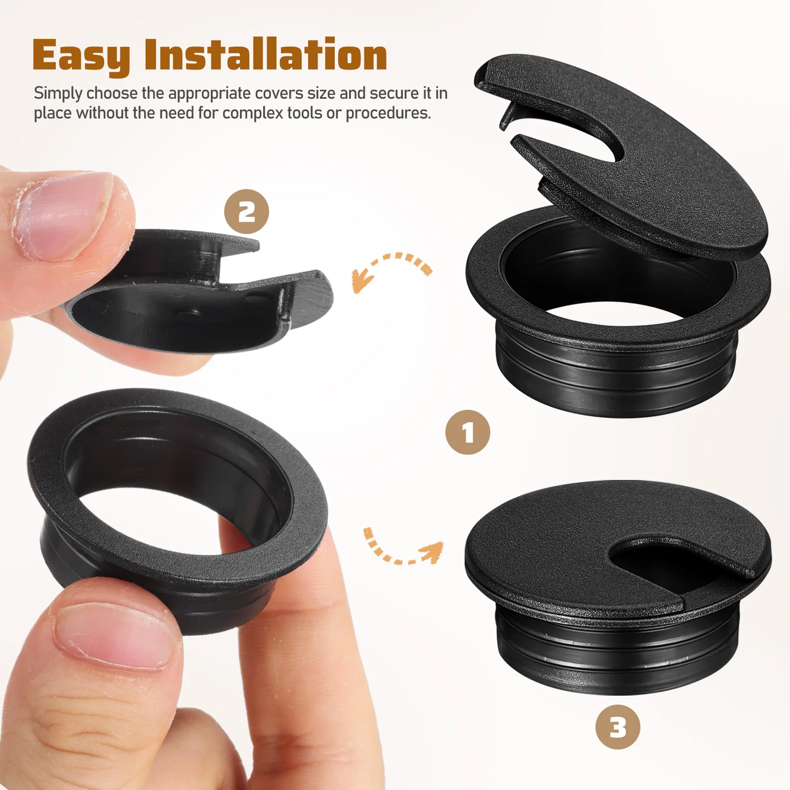 6個入り ブラックABSデスクホールケーブルグロメット 丸型ワイヤーカバー オフィス/家庭用テーブル配線穴オーガナイザー デスクグロメット