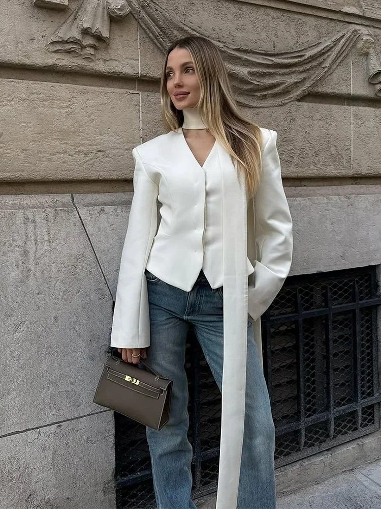 

White Scarf Collar Waist Up Blazer Fashion Women's Full Sleeve Slim Fit Single Breasted Coat 2025 New Daily Commute Streetwear