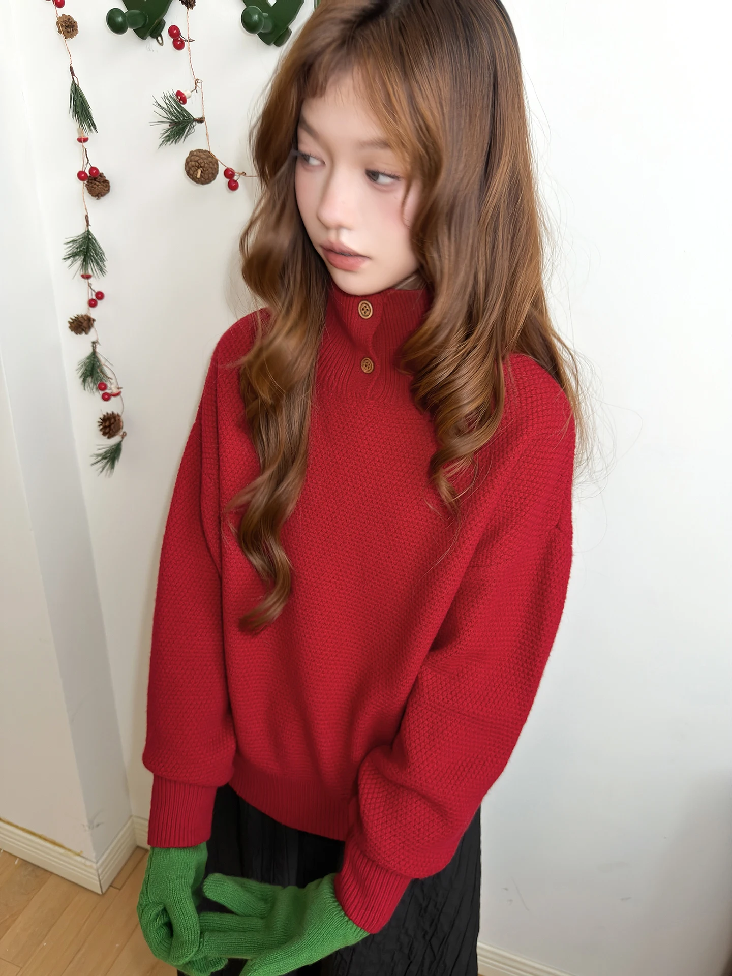 

Красный вязаный свитер Cisas с высоким воротником, однотонный, с воротником-стойкой, праздничный, с разрезом, модный, к Новому году