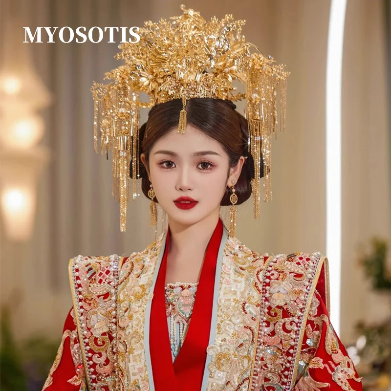 Luxurious Bridal  Tassels Phoenix Queen Hair Crown Chinese Classical Wedding  Xiuhe Hanfu Stage Show Costum Headpiece Accessorie