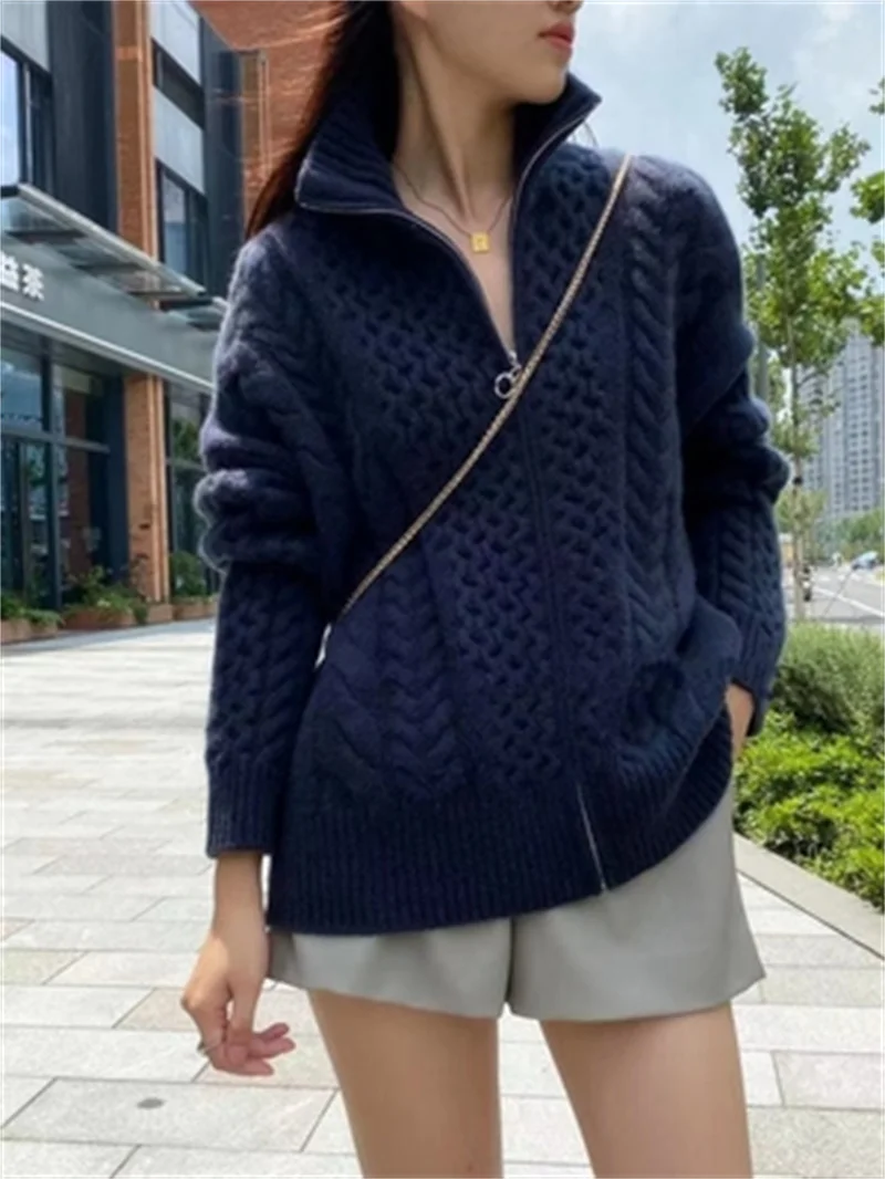 Cardigan en Cachemire Épais à Col Haut pour Femme, Pull Torsadé avec Fermeture Éclair, Manteau Paresseux, Nouvelle Collection Automne Hiver 2022, 2022