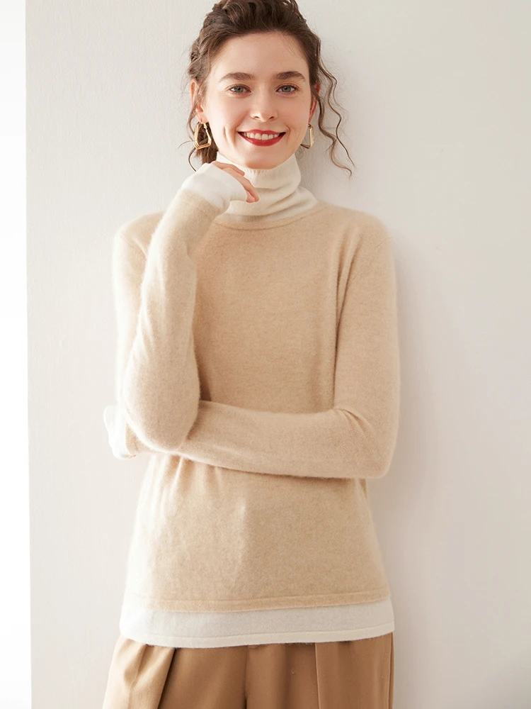 

New Women 100% Cashmere Sweater Autumn Winter Turtleneck Color Contrast Pullover Warm Soft Knitwear Grace Comfort Basics Tops