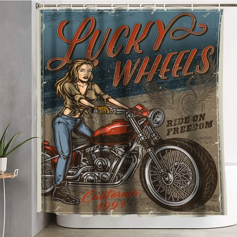 Vintage Colorful Motorbike Poster Pretty Biker Girl And Classic Motor Illustration Shower Curtain By Ho Me Lili  Bathroom Decor