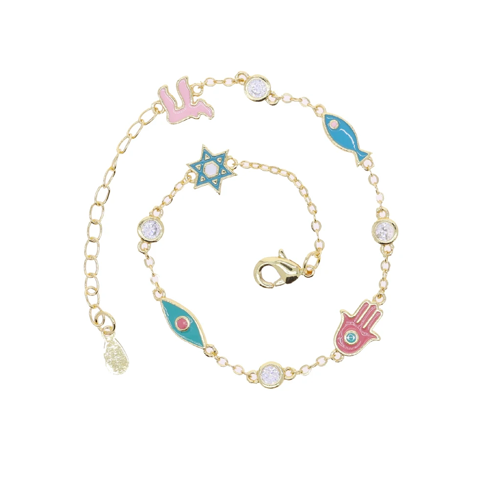 Lovely Lucky Turkish Evil Eye Hamsa Hand Star Fish Charm Link Chain Gold Plated Fashion Women Bracelet Necklace Set