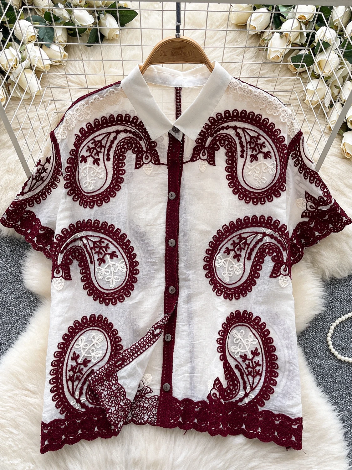 

ort Sve Embroidered Heavy Work irt Women's Summer Faion Korean Sle Thin Cotton Collar Button up Top