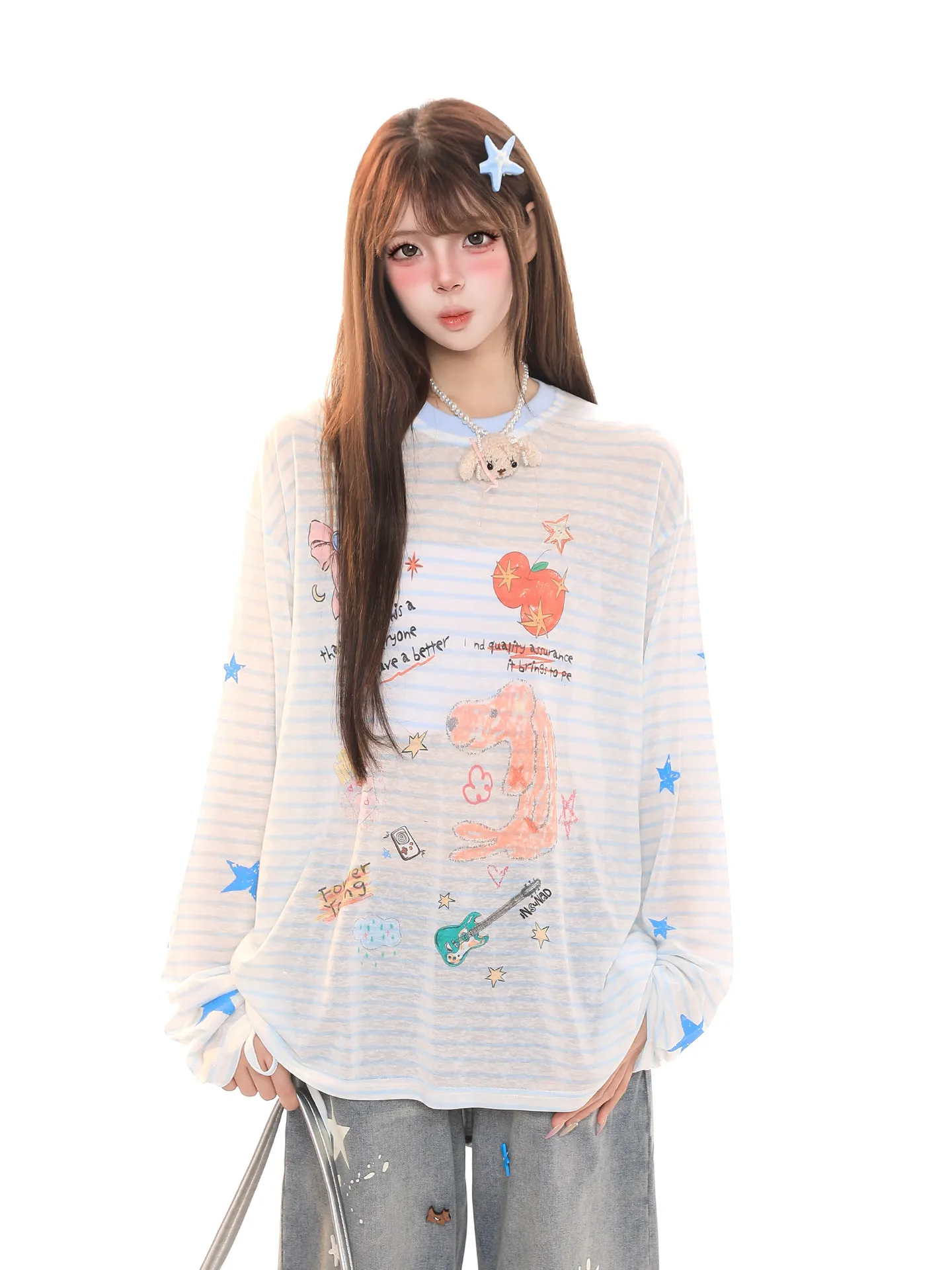 

Sweet Cool Cartoon Color Blo Striped Long Sve Women's T-irt Spring Loose Lazy Sexy Chic Overhead irt round Ne