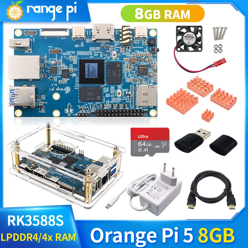 Orange Pi 5 8GB RAM Rockchip RK3588S PCIE Module External WiFi+BT Single Board Computer Support 8K Video Codec Android Debian OS