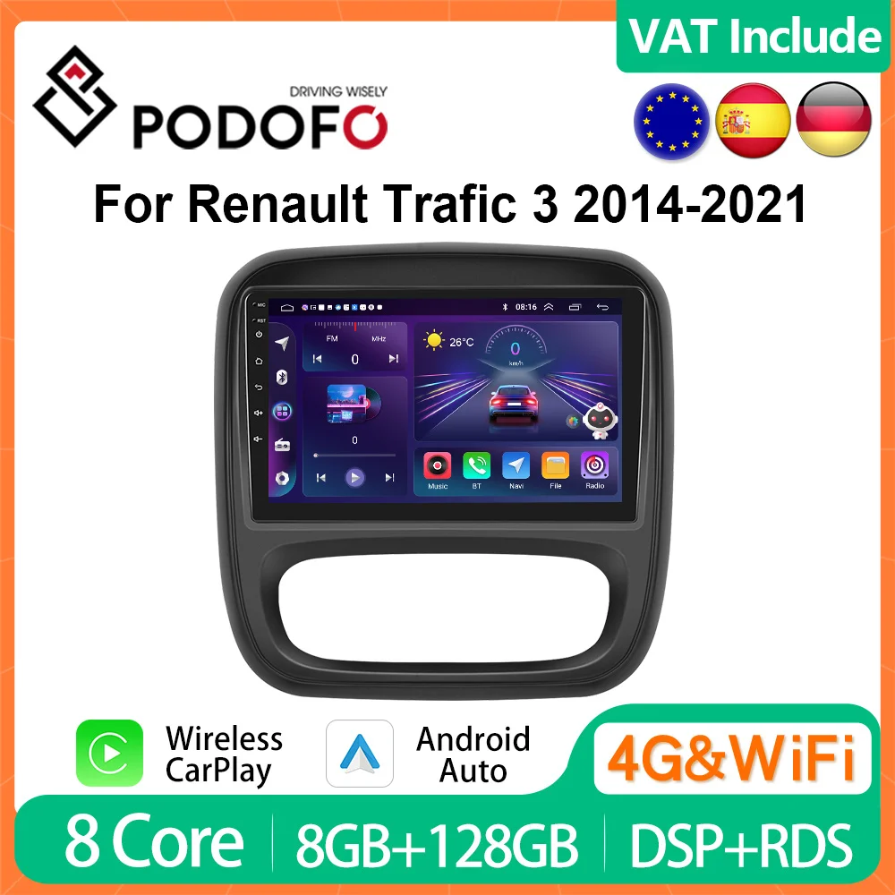 Podofo 8G+128G CarPlay Radio For Renault Trafic 3 2014-2021 Multimedia Player For Opel Vivaro B 2014-2018 Android Head Unit 4G