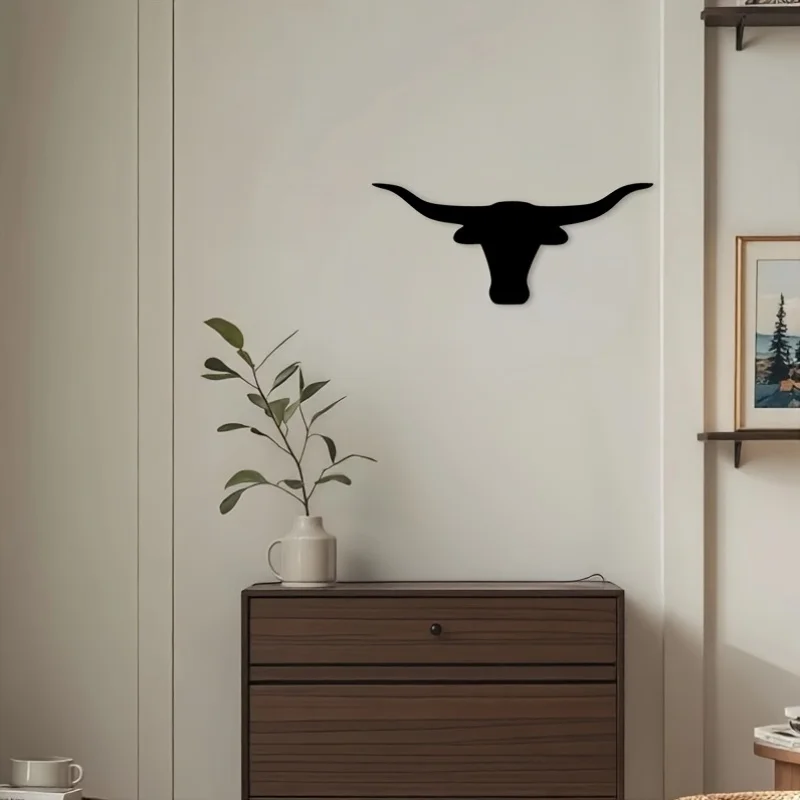 1pc Texas Longhorn Metal Wall Art - Black Silhouette with Golden Accents, Rustic Western Decor for Ranch, Cow Lover Gift