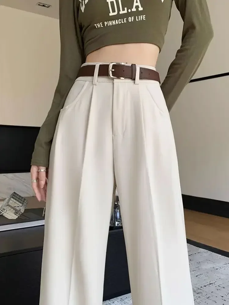 Pantaloni da abito neri Moda donna Primavera allentata Nuovi pantaloni dritti Cintura regalo solida casual Pantaloni a gamba larga a vita alta da donna