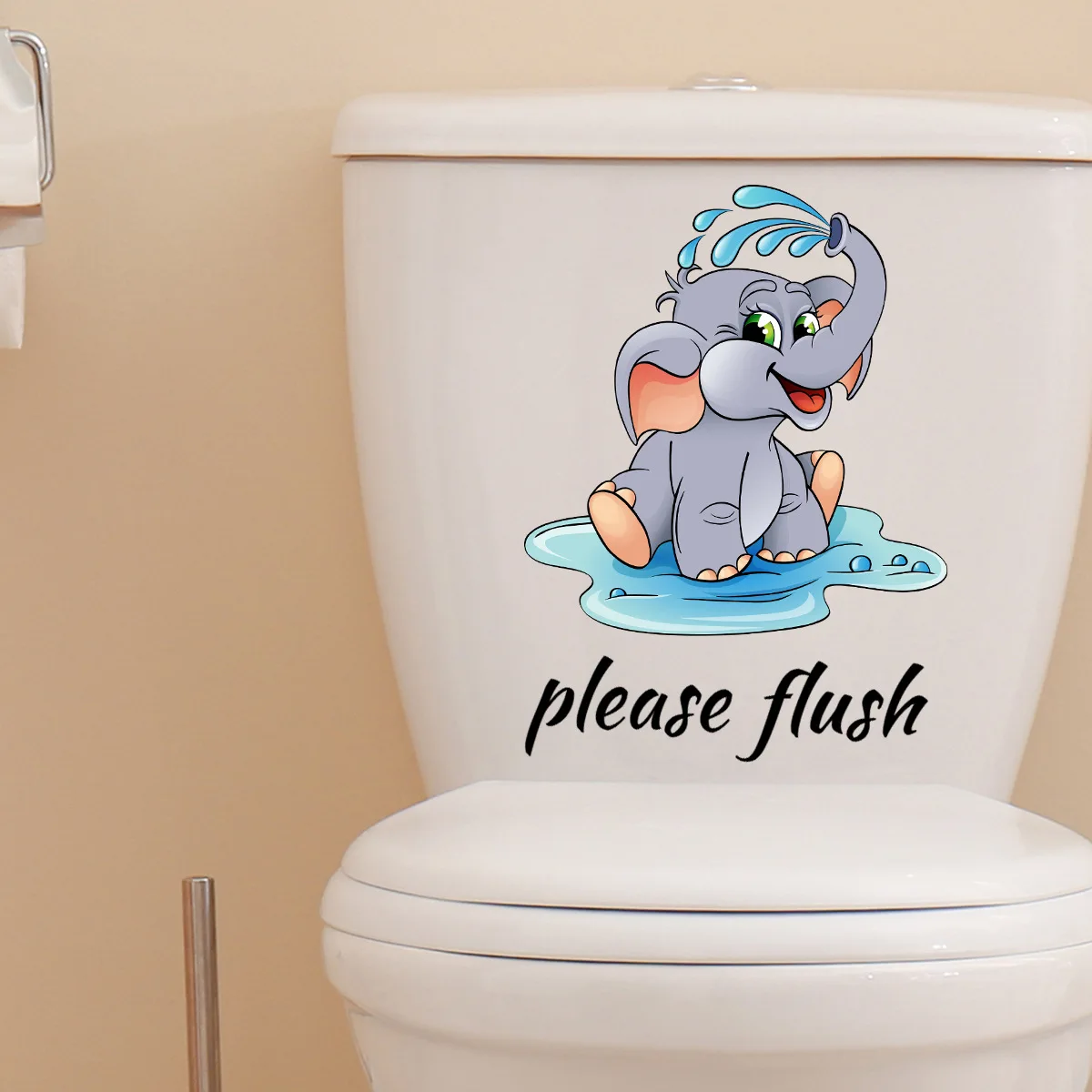 T242# Cute Baby Elephant Please Flush Toilet Sticker Bathroom Toilet Cover Wall Stickers Animal Wc For Home BathRoom Decoration