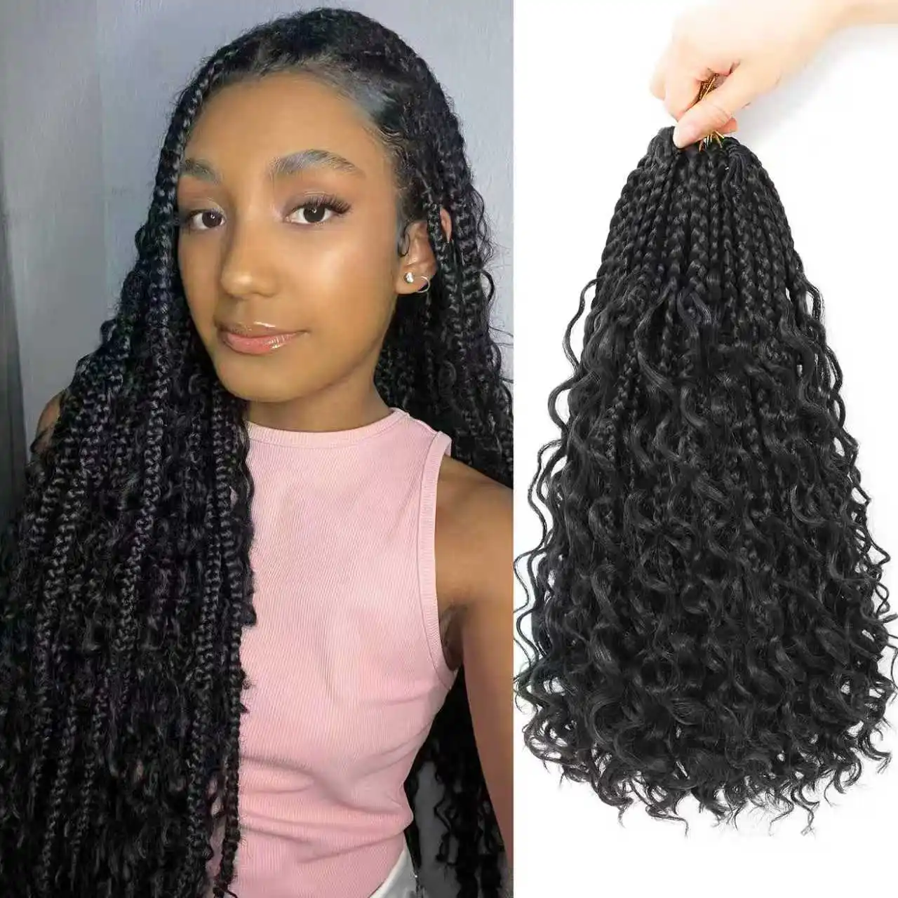 Goddess Box Braids Crochet Hair 8/10/12/14 Inch Pre-looped Bohemian Crochet Boho Box Braids With Curly Ends Synthetic Hair