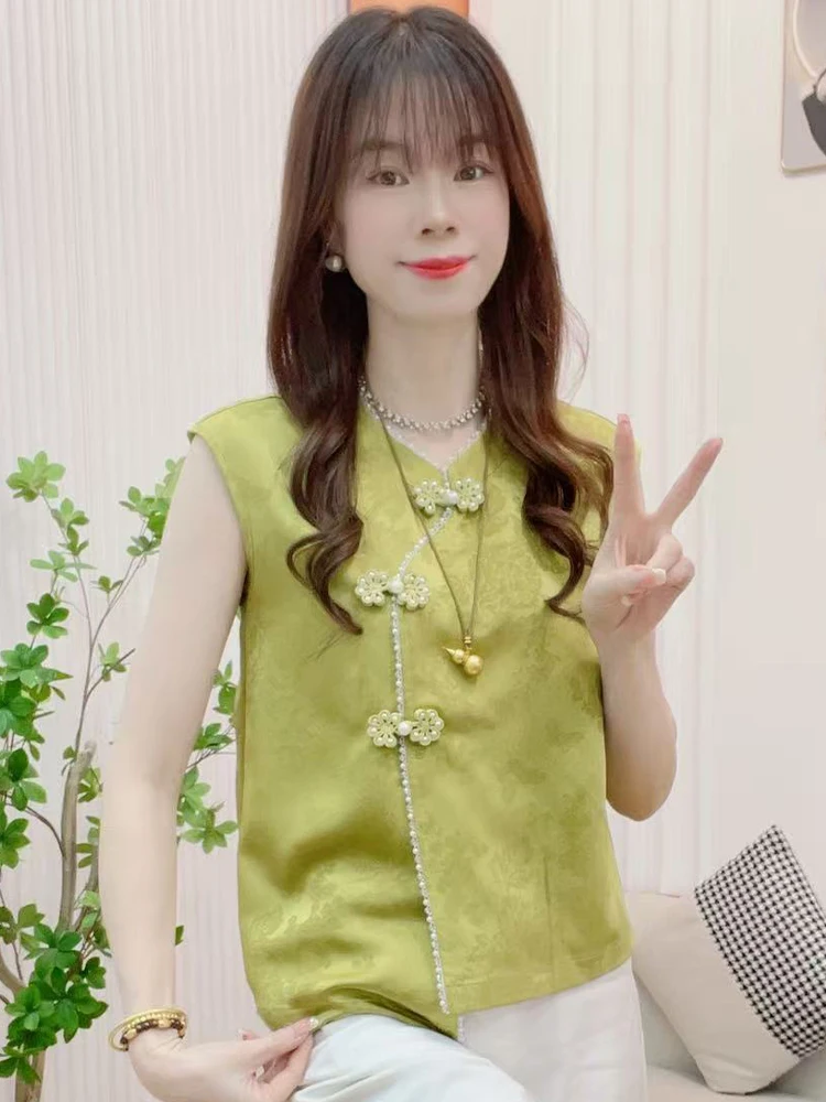 패셔너블한 슬림핏 버튼업 여성용 탑, 한국 스타일, 루즈핏, 라운드넥, 통기성 좋은 여름용...