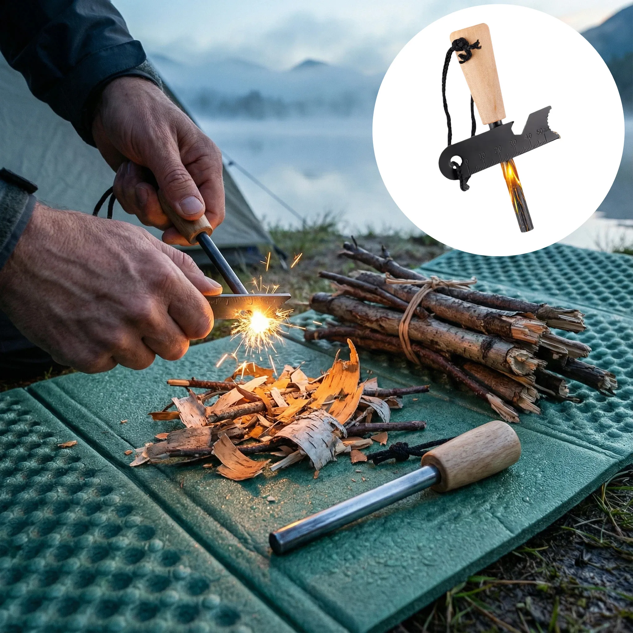 Windproof Fire Starter Lighter with Wooden Handle, Rainproof Ignition Survival Tool for Camping Hiking BBQ,Outdoor Survival Gift