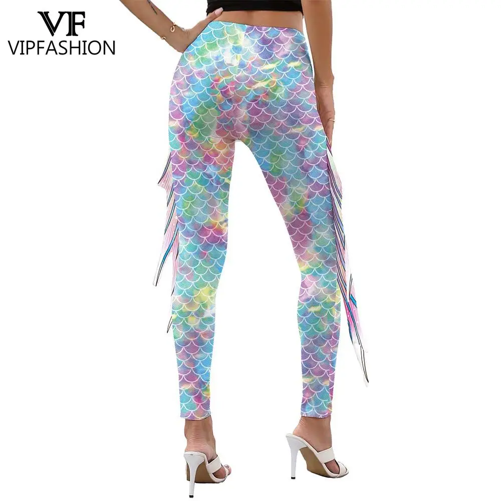 VIP FASHION Mermaid Cosplay Pants Fish Scales Printed Leggings Woman Summer Sexy Workout Trousers Ladies Casual Elastic Bottom