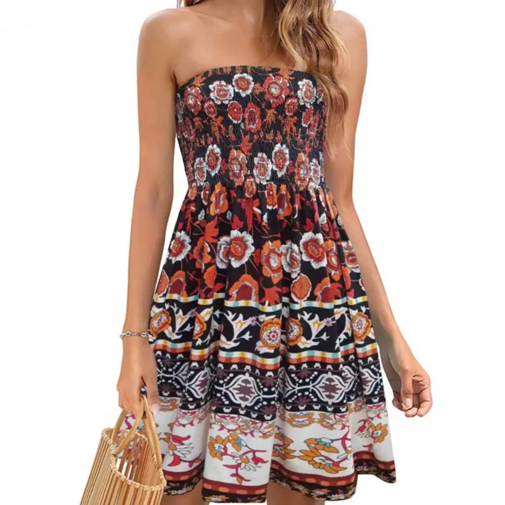 

Off-shoulder Wide Hem Dress Bohemian Floral Printed Off Shoulder Summer Dress for Women A-line Knee Length Vacation Beach Dress