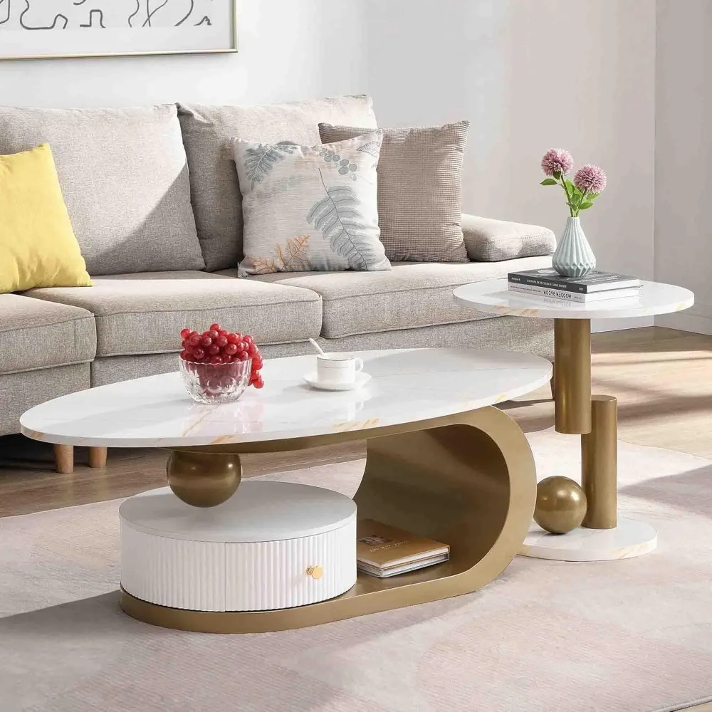 Oval Nesting Coffee Table Set of 2 Faux Marble Golden Round End Table Modern Living Room Table Large 47Inch Coffee
