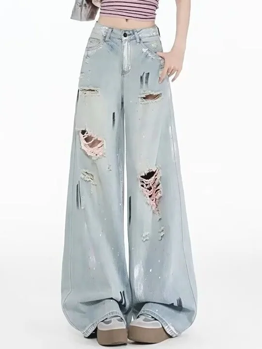 Retro American High Street Splashed Ink Hole Denim Jeans Women's Spring Autumn New Large Size Design Sense Straight Leg Long ...