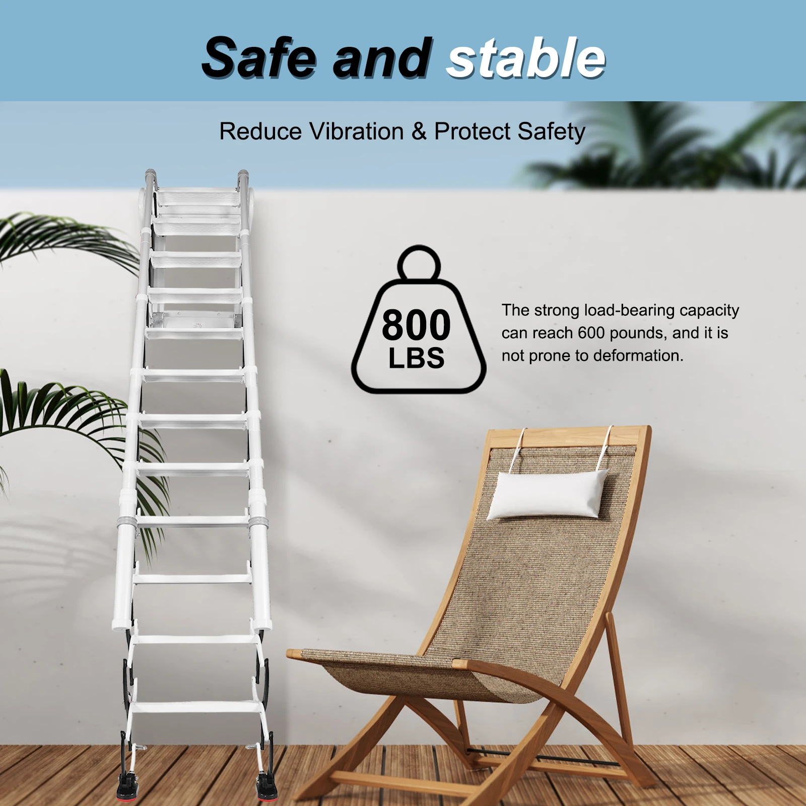 12 Steps Wall-Mounted Folding Stairs, Metal Anti-Slip Retractable Attic Ladder, Pull Down System with 2 Side Rails for Home
