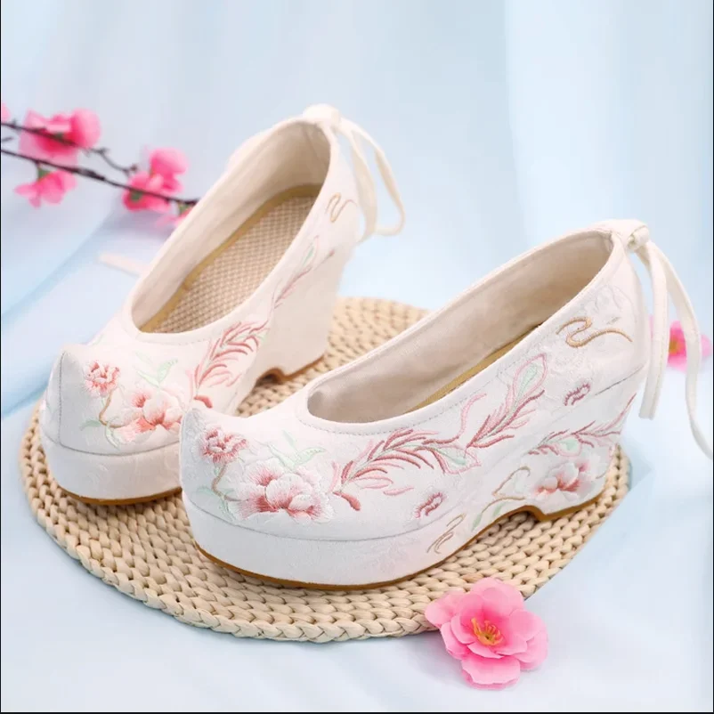 

WATER Hanfu Shoes Women's Ancient Chinese Traditional Style Antique High Heel Embroidered Shoes Slope Oriental Retro Ankle