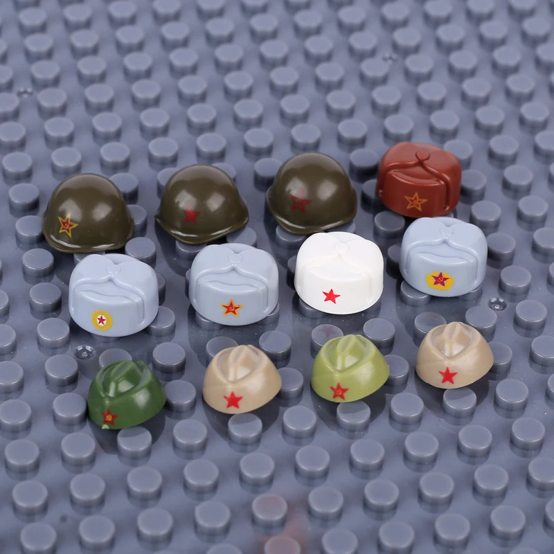 MOC WW2 Military Army Soviet Soldier Figures Helmet Cap Accessories Building Blocks Warrior Infantry Headwear Bricks Toys Gifts