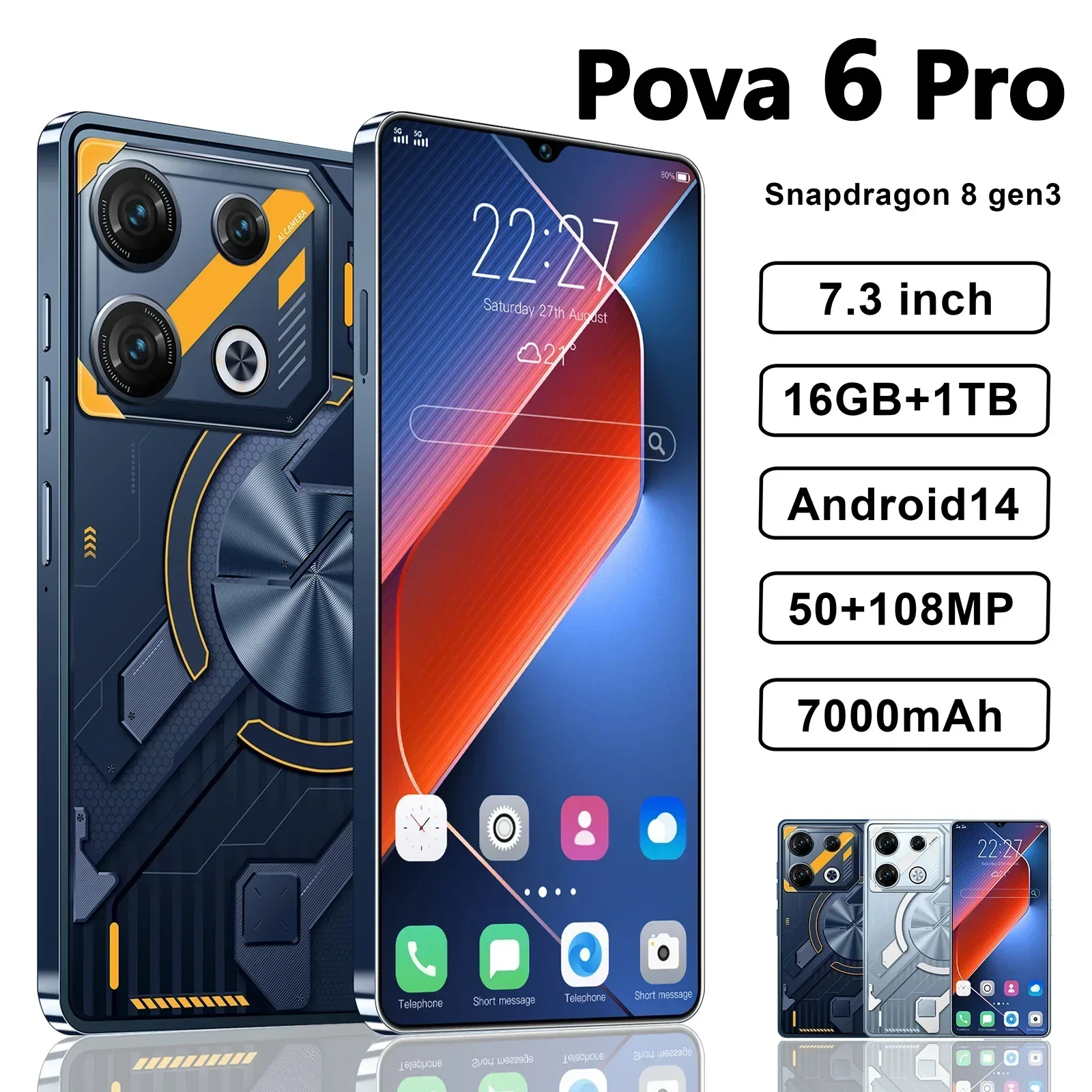 2024 New Original Pova 6 Pro Smartphone 5G 7.3 Inch HD 16G+1TB Phone Dual SIM 50+108MP 7000mAh Android 13 NFC Satellite Edition