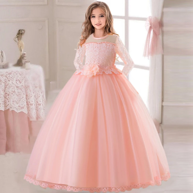 

Long Sleeve White Bridemaid Party Girl Dress Elegant Flower Tulle Wedding Princess Dresses for Kids First Communion Prom Costume