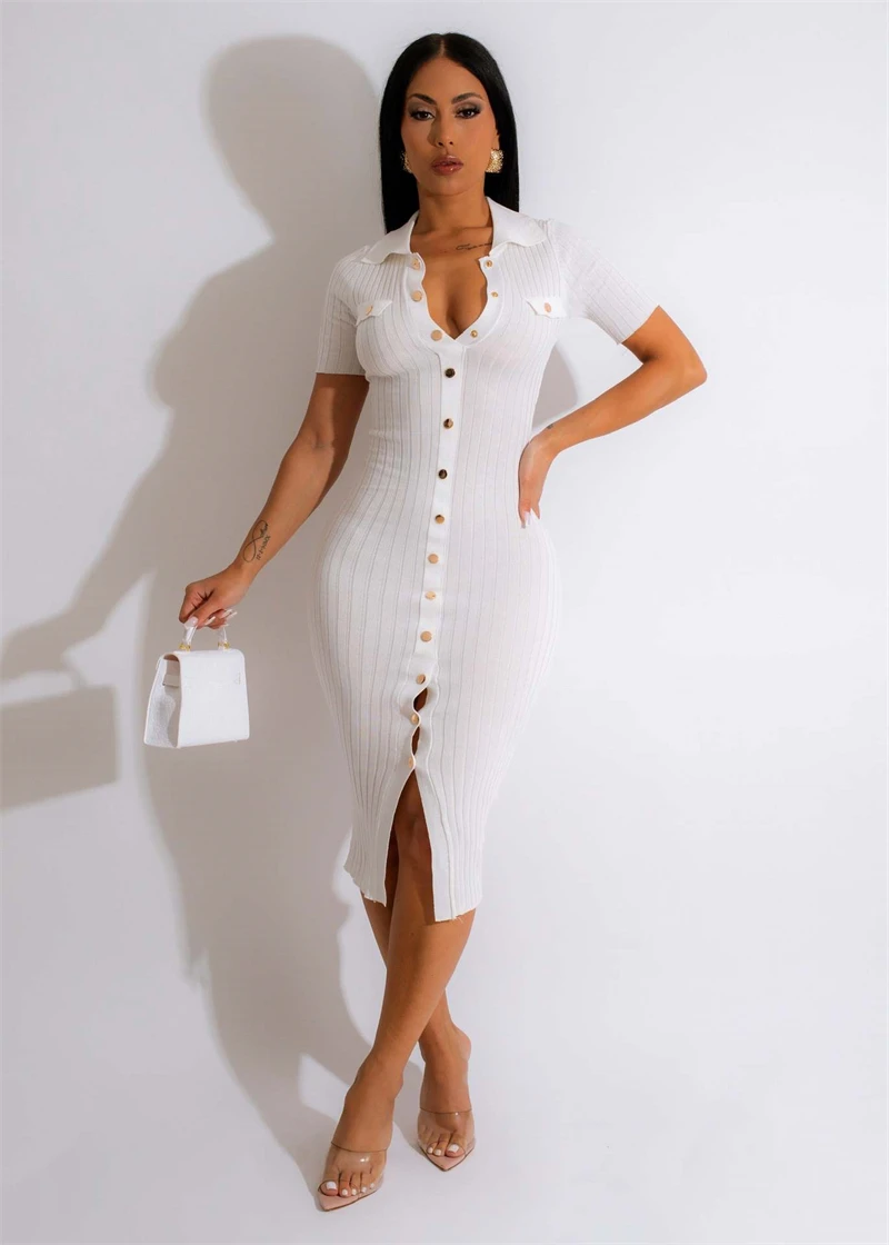 Buttons Knitting Ribbed Bodycon Midi Dress Women Sexy Turn Down Collar Short Sleeve Highly Stretchy Slim Casual Summer Vestidos