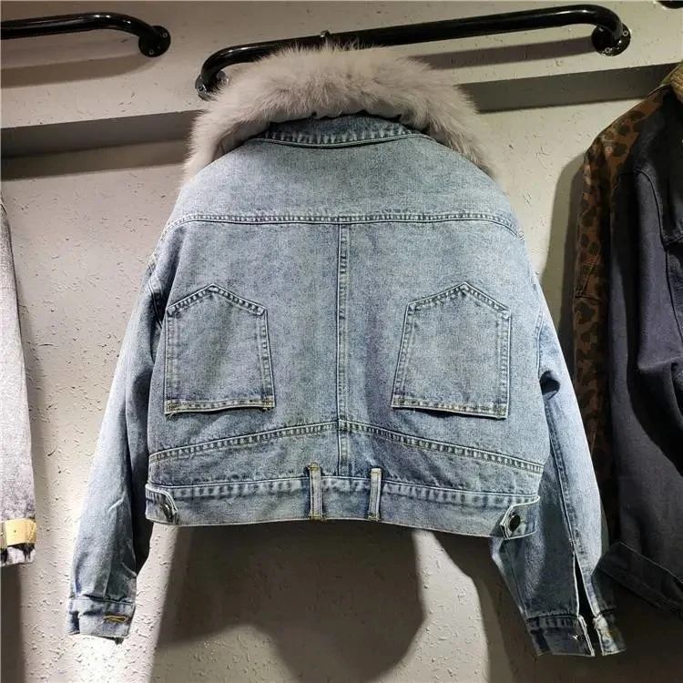 2024 New Winter Loose Plus Velvet Denim Jacket Thicken Real Fur Collar Denim Jacket Female Jacket Cotton-padded Jean Jacket