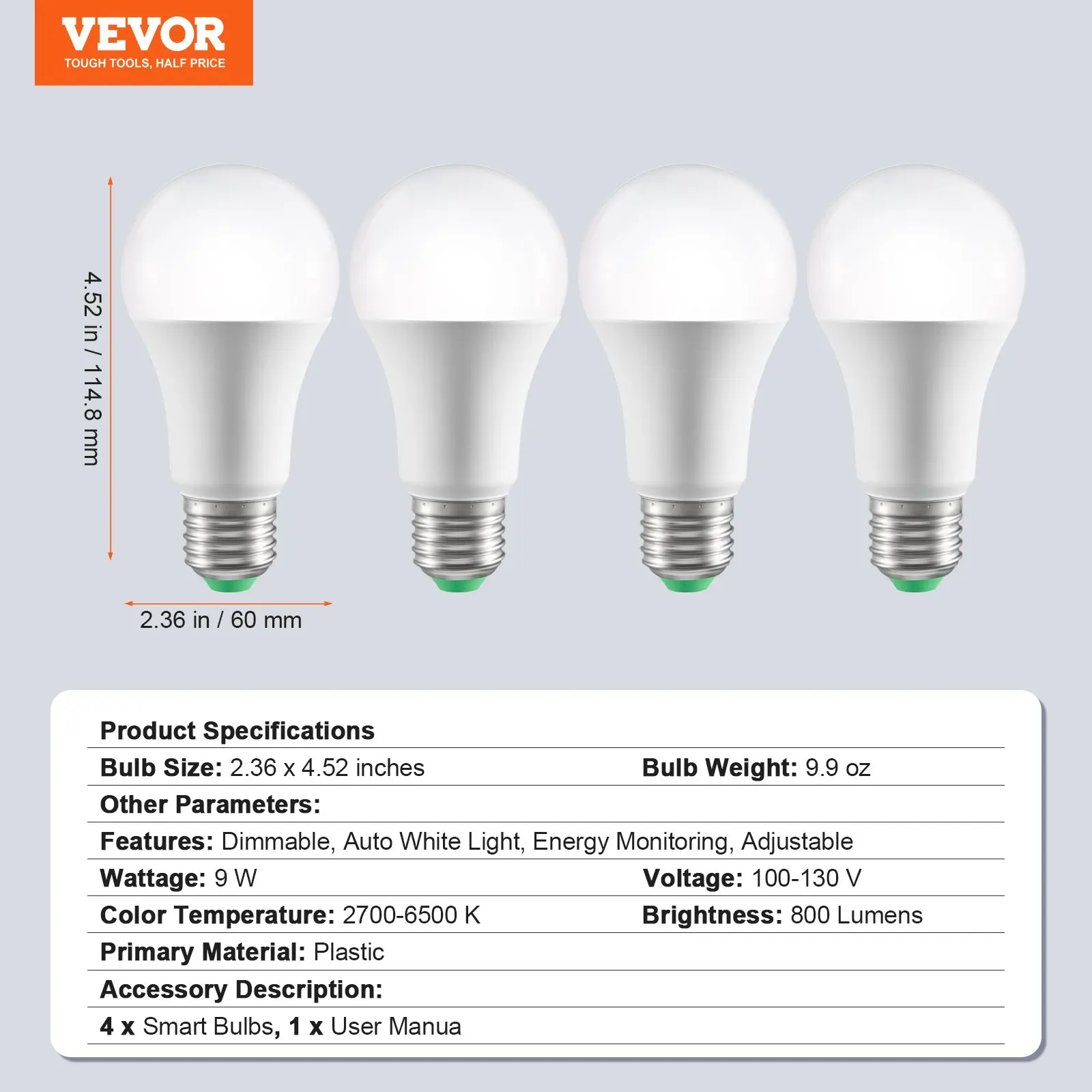Bohlam Lampu Pintar, Paket 4, Bohlam LED Multiwarna 9W, 800 Lumens Dengan Kompatibilitas Kontrol Pintar Untuk Vera, Asisten Google,