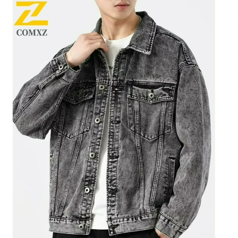 

COMXZ Mens Cotton Denim Jacket 2025 Vintage American Fashion Motorcycle Jackets Premium Men Workwear Black Washed Denim Coat